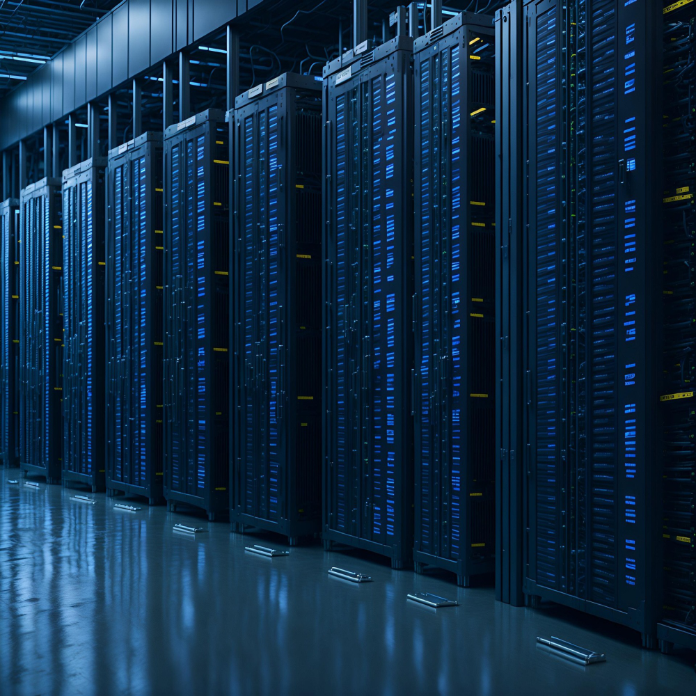 Rows of illuminated server racks in a data centre.