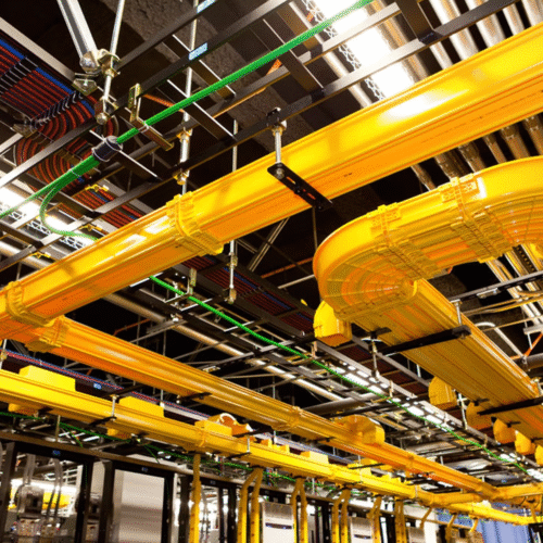 Yellow fiber raceway running overhead above equipment racks in a data centre.