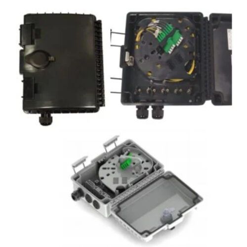 Black wall-mount fiber termination boxes, one open to show splice trays and green SC/APC adapters, beside a grey enclosure with a splitter.