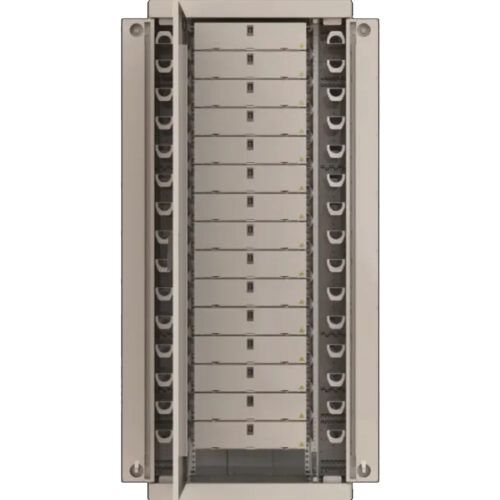 Tall indoor fiber frame with stacked termination modules and vertical cable management on both sides.
