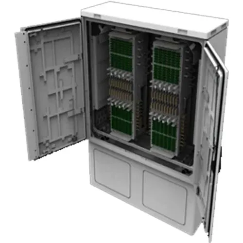 Open grey outdoor fiber distribution cabinet with two doors, showing rows of green splitter and patching modules.