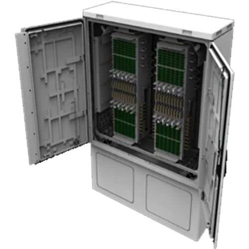 Open grey outdoor fiber distribution cabinet with two doors, showing rows of green splitter and patching modules.