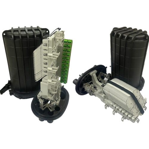 Black dome fiber splice closures, one opened to show its stacked splice trays and base.